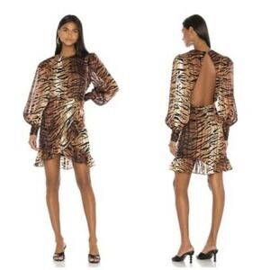 LPA Deidre Zebra Print Ruffle Open Back Long Sleeves Dress Medium